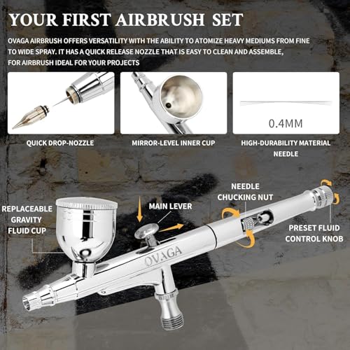 Ovaga 55PSI Ultra-Silent Airbrush Kit, Dual-Action Multi-Function Airbrush Set with Compressor for Painting Portable Air Brush Set for Cake Decoration Makeup Art Craft Nail Design Model Tattoo,Silver