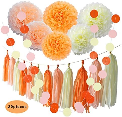 ZJCilected 20 Pcs Tissue Paper Pom Poms Flowers Tissue Tassel Garland Polka Dot Paper Garland Kit for Wedding Party Decorations (Orange+Pink+Beige)