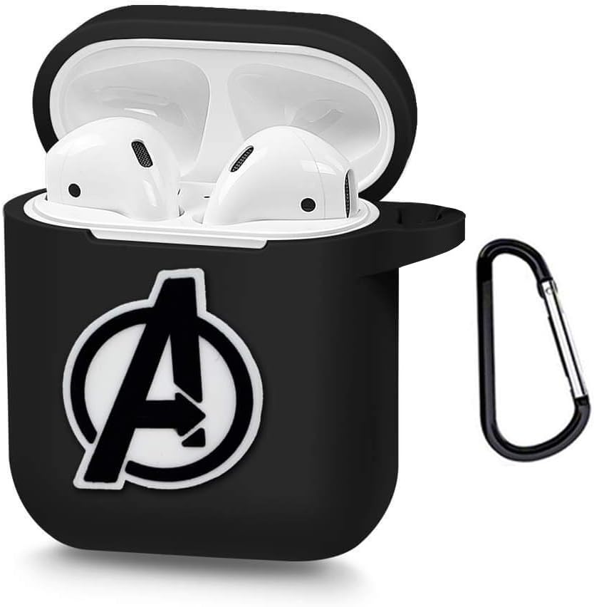 Airpods Case,3D Super Hero Silicone Airpods Charging Dock Cover,Shockproof Full Protective Skin Cases + Carabiner Keychain for Apple Airpods (Avengers A)