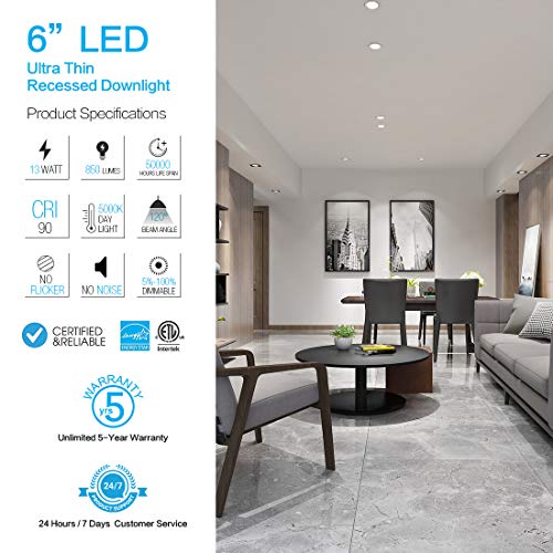 JJC 13W 6 Inch Ultra Thin Led Recessed Lights with Junction Box,5000K Daylight White, CRI90+, IC Rated,850 Lumens 65W Eqv. Dimmable Led Downlight ETL and Energy Star Certified- 6 Pack