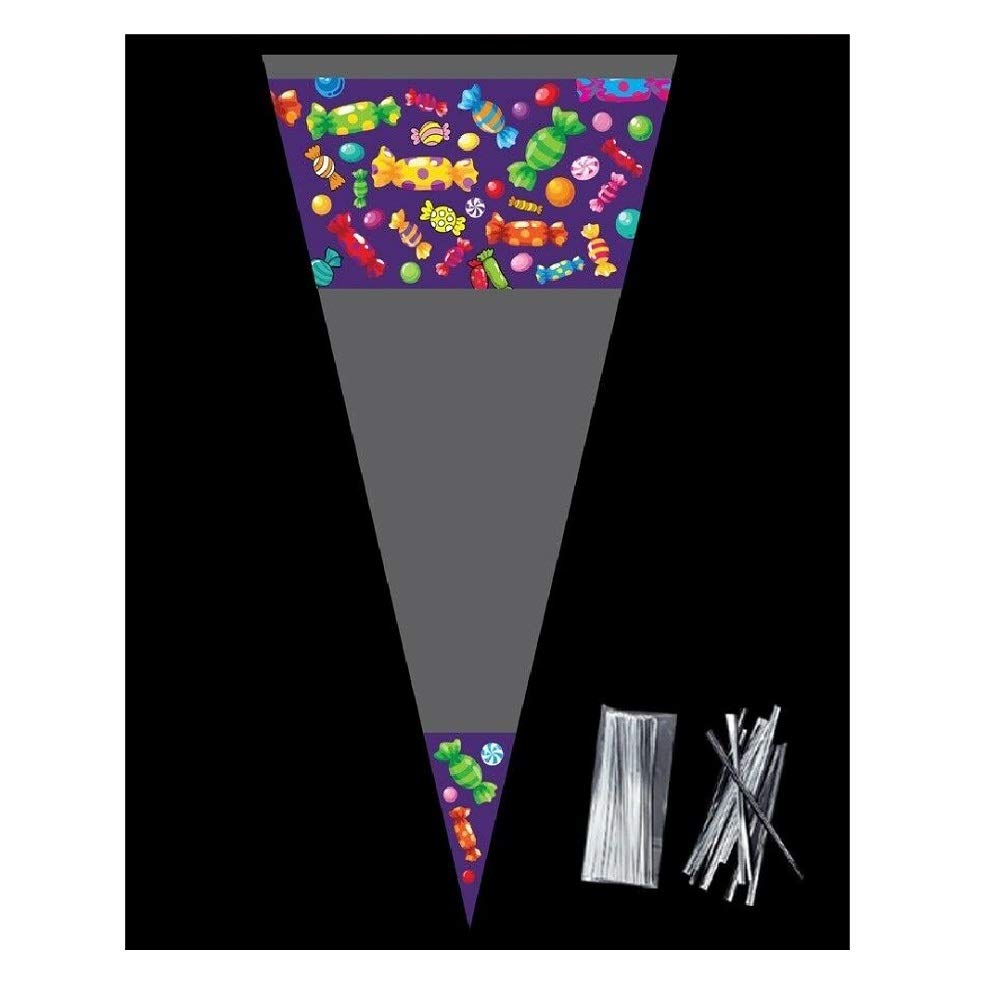 polybagstores PACK OF 50 - SWEETS CONE - Unique Cellophane Cone Shape Sweet Party Bags 37cm x 18cm - Over 40 Designs With 4" twist ties