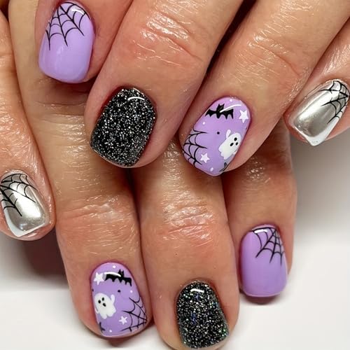 Evadollina Halloween Nails, 24 Pieces Press on Nails, Halloween Nail, Stick on Nail, Ghosts and Spiders (Type D)