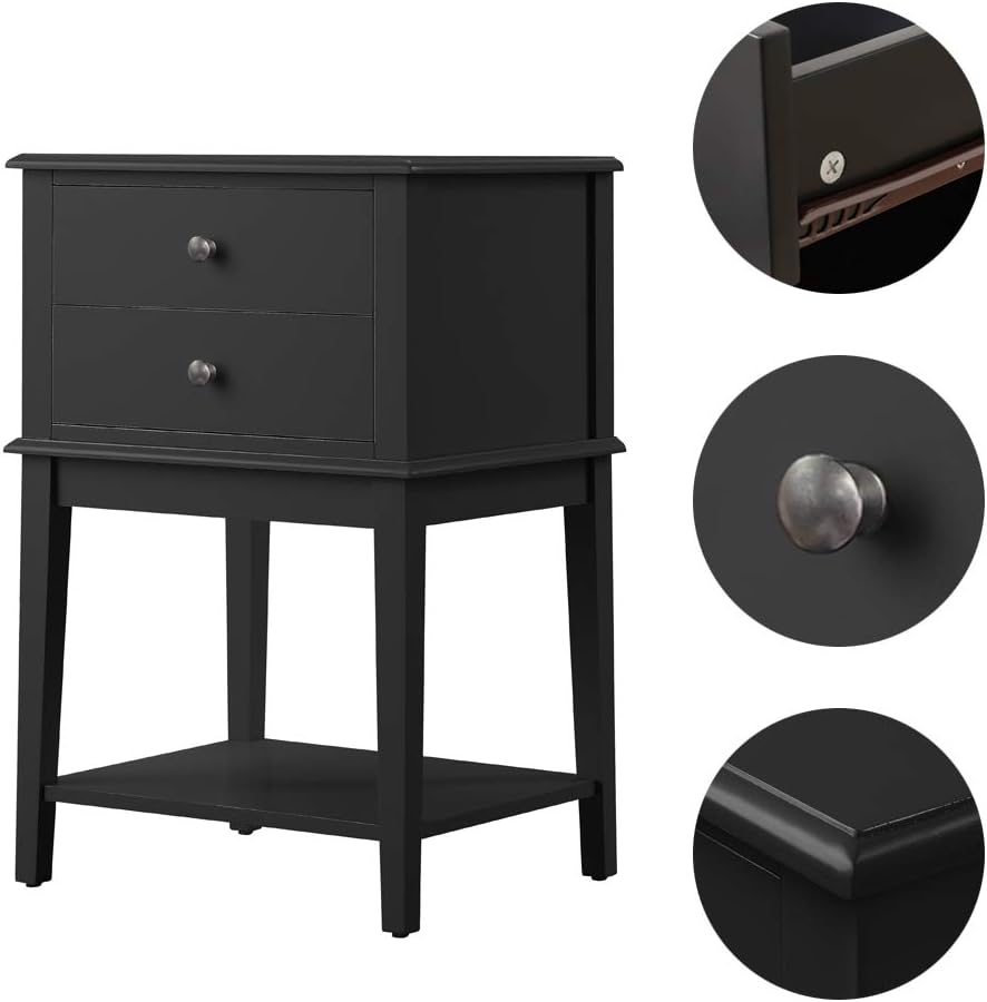 Linio-home Black Nightstand, Bedroom Nightstands with Drawers, Small End Table, Bed Side Table with 2 Drawers, Bedside Table Accent Table, Black: Kitchen & Dining