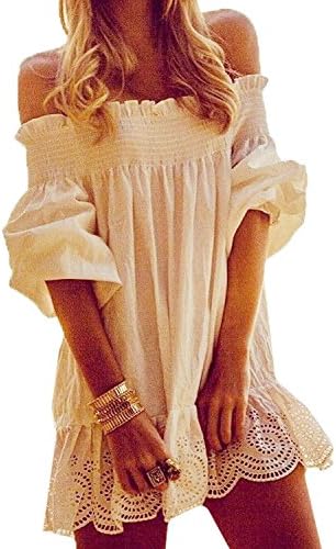 Celewe Women's Off The Shoulder Half Sleeves Peplum Hem Dress, White, Medium