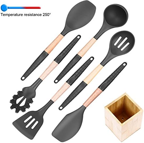 kitchen Utensil set-Premium Silicone Kitchen Utensils for Non-stick Cookware, 7-Piece BPA Free Cooking Utensils Set with Wood Handle Wrap with Silicone，Utensils spoon, slotted spoon, soup ladl