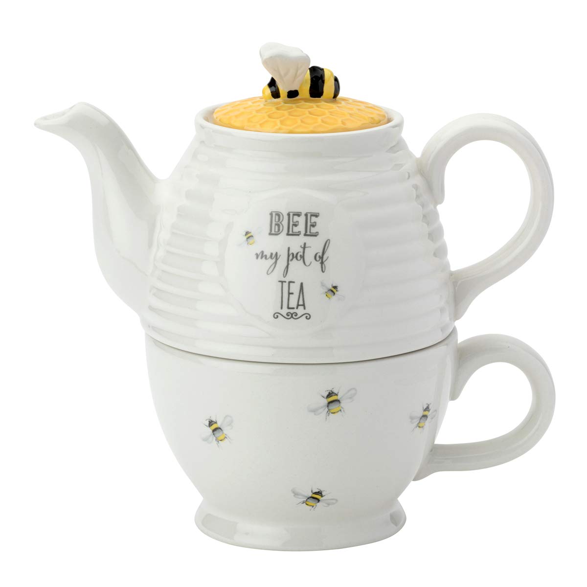 English Tableware Company Bee Happy Tea for One Teapot Cup Honeycomb Lid Embossed Design