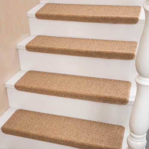 Hopeviva Bullnose Carpet Sisal Stair Treads | Set of 14 | Stair Treads for Wooden Steps Indoor Anti Slip Braided Staircase Protector Pet Friendly Rugs Covers Washable 9.44" X 29.5"x 1.9",Golden | Set of 14 Anti Slip Indoor Staircase Protector Rugs Covers, Polypropylene Braided Carpet Treads 9.44" x 29.5"x 1.9", Golden