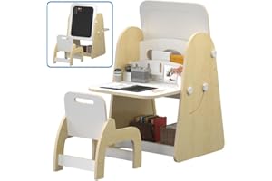 NKUGCFC Wooden 3 in 1 Kids Art Easel with Stool with Play Station，Art Desk for Kids with Book Rack and Foldable Desktop，3 in 1 Double-Sided Magnetic Dry Erase Board，Multifunctional Toddler Furniture