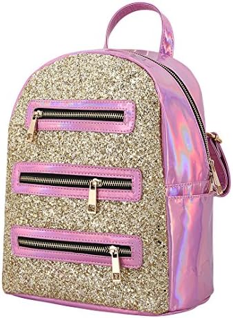 Candice Women Shiny Sequins Hologram Holographic PU Leather Shoulder Bag Satchel Backpack School Bag (Pink)