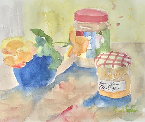 JIF Peanut Butter, Apricot Preserves and Yellow Roses in a Mason Jar - Original Watercolor Painting, Not a Print, 8x10 inches