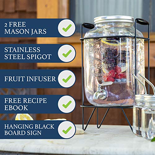 2 gallon glass drink dispenser with stand and 2 mason jars and