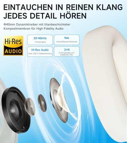 W800BT Pro Hybrid ANC Kopfhörer, Hi-Res Audio, 45Std. AKKU, Schnelles Aufladen, Faltbar, Kabellose Over-Ear Bluetooth 5.4 Kopfhörer - Schwarz