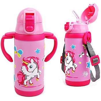 Kids Water Bottle With Straw Unicorn Thermoses Stainless Steel Insulated Vacuum Cup BPA Free Spillproof Thermal Water Cup For Girls School Lunch - With Handle And Shoulder Strap -12oz, Pink