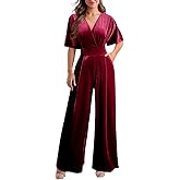 DAAWENXI Women's Casual Velvet V Neck Short Sleeve Jumpsuits Long Wide Pants One Piece Romper with Pocket