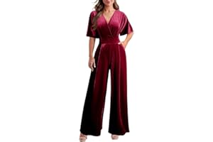 DAAWENXI Women's Casual Velvet V Neck Short Sleeve Jumpsuits Long Wide Pants One Piece Romper with Pocket