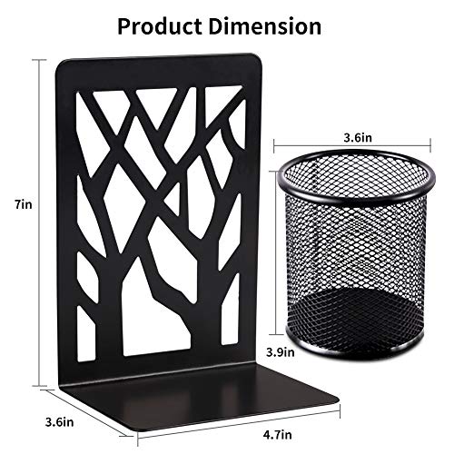Bookends, Metal Book Ends, Decorative Bookend Supports Black Book Shelf Holder Non Skid Heavy Duty Book Stoppers 1 Pair, Book Stand for Shelves Bookshelf Office School Library with 1 Pen Holder