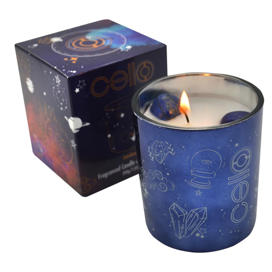 Cello Celestial Scented Candle with Lazurite Gemstones. A Stunning Metallic Blue Candle with Blue Crystals. The Ideal Scented Candles, Candles for Men & Candle Gifts for Women.