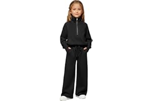 Girls 2-Piece Tracksui𝘁 Stand Collar Half Zip Sweatshirt & Wide Leg Pants Set Thumb Hole Athletic Sweatsuit Casual