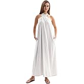 Amazhiyu Women's Linen Striped Halter Sleeveless Maxi Dresses Summer with Pockets