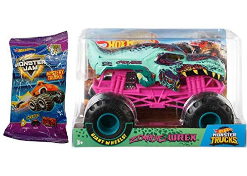 Zombified Mega Monster Jam Big Action Hot Wheels Wrex Dino Truck Creature Tyrano Teeth Zombie 1:24 Version & Blind Bag Mini Monster Truck with Launcher