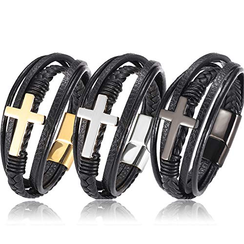 Men's Faith Bracelet for Men Cross Leather and Steel Cross Bracelet