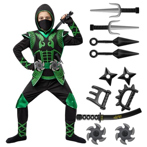 Spooktacular Creations Green Ninja Costume Set, Ninja Jumpsuit with Foam Accessories for Kids, Toddler Halloween Outfit for Ideas Cosplay Party (M, 8-10 yrs)