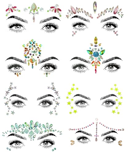 SHINEYES 8 Pcs Gemstone Face Stickers for Music Festival Holiday Party, Rhinestone Face decal for Halloween Christmas, Face Glitter Sticker Temporary Tattoo for Birthday Carnival — image 1