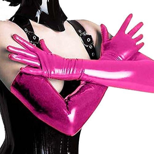 Fullerton Women's Sexy Elbow Length Stretchy Wet Look Faux Leather Gloves (Rose Red)