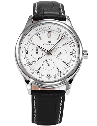 Kronen Soehne Genuine Leather Black Round man mens Analog Date Day 24hour Mechanical Automatic Wrist Watch