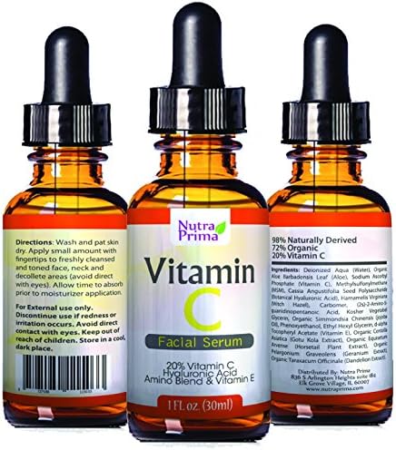 Enhanced Vitamin C Serum 20% Vitamin C Vitamin E & Hyaluronic Acid 1 OZ Best Anti-Aging & Anti-Wrinkle Protection Help Repair Sun Damage & Facial Blemishes Organic Ingredients. By Nutra Prima