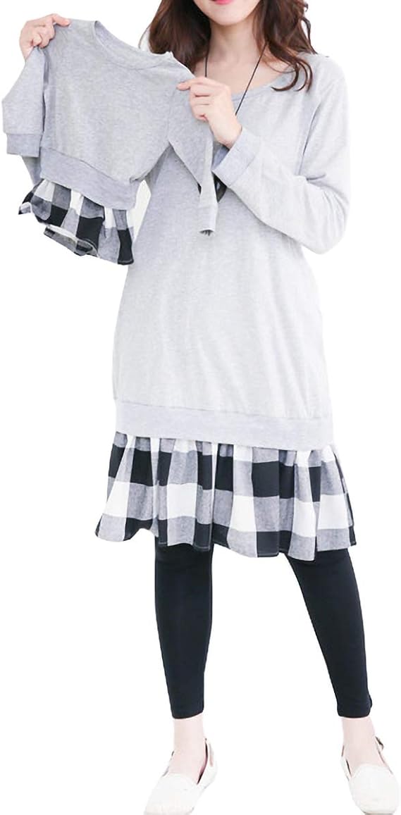 Amazon Co Jp マタニティ ワンピース ニット スカート 長袖 授乳口付き 妊婦服 産前 産後 気質格紋 ゆとりがある 服 ファッション小物