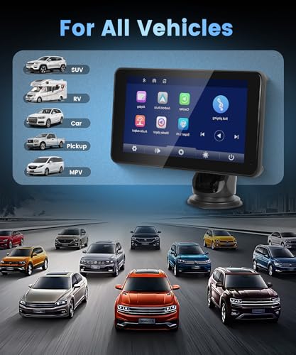 Wireless Carplay Screen Portable Car Stereo Android Auto Screen, Rimoody 7 Inch Touch Screen Portable Car play Bluetooth FM Transmitter Mirror Link Voice control AUX Cable