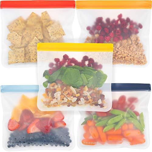 Keeper Reusable Sandwich Bags (Set of 5, 32oz) - Extra Thick Reusable Ziplock Bag For Food, Lunch Storage. Reusable Snack Bags for Kids Are Resealable. Plastic Lunch Baggies Are Washable, Freezer Safe