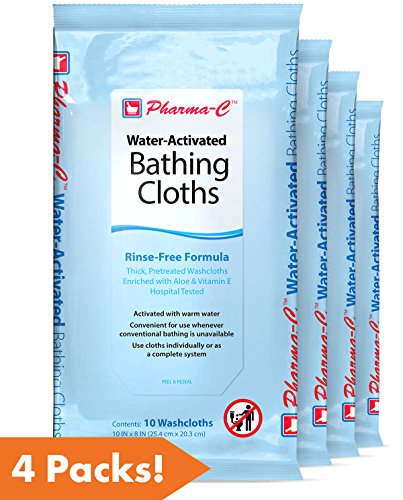 Pharma-C-Wipes Water Activated Bathing Cloths - Rinse Free - Thick, Pretreated Washcloths (4 packs of 10 Wipes, 40 Total Wipes)