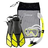 Seavenger Diving Dry Top Snorkel Set with Trek Fin, Single Lens Mask and Gear Bag, S/M - Size 4.5 to 8.5, Gray/Neon Yellow
