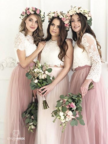 Handmade Blush Palette Bridesmaids Lace Dress, Long Blush Bridesmaids Skirts, Lace Crop Top and Tulle skirt long in blushes, Blush Prom Dresses