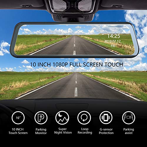 Mirror Dash Cam Front and Rear - 1080P Full HD Stream Media Dual Lens Car Camera ï¼Œ10 Inch Full Touch Screen with 1080P Backup Camera, Super Night Vision, G-Sensor, Parking Monitor, Loop Recording.