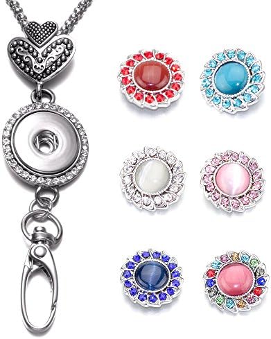 Soleebee Interchangeable 34.3 inches Silver Chain Retro Love Heart ID Badge Lanyard Necklace Bonus 6pcs Alloy Rhinestones Snap Buttons (Colorful Opal)