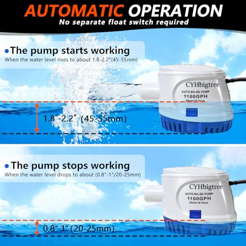 1100GPH Automatic Boat Bilge Water Pump Kit, 1-1/8 inch 12V Small Marine Bilge Pump with Float Switch, 6FT Hose, 2 Clamps, Thru-Hull Fitting, Ideal for Fishing Boats, Cruisers, Runabouts, Yachts