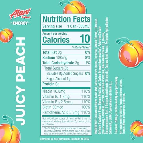 ALANI NU JUICY PEACH, SUGAR FREE, LOW CALORIE ENERGY DRINKS, 200MG CAFFEINE, BIOTIN, B VITAMINS, ZERO SUGAR, 10 CALORIES, 12 FL OZ CANS, 24 PACK