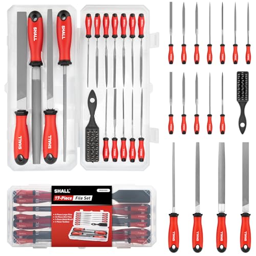SHALL Juego de 17 limas de metal para metal, madera y plástico, 4 limas de mano y 12 de aguja, cepillo de alambre, lima de metal de alta calidad con caja de almacenamiento.