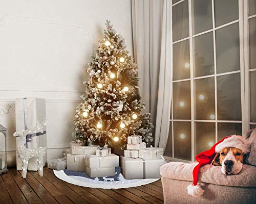 7Felicity Christmas Tree Skirt 48 inches, Fur Rustic White Xmas Tree Skirt,Snowy Christmas Trees Mat Decorations Indoors,Deer and Snowflake Pattern (White Deer)