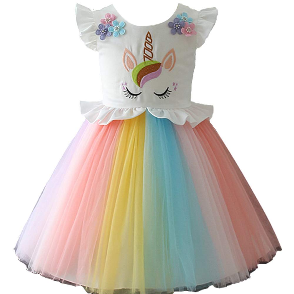Girls Unicorn Costume Dress Princess Flowers Rainbow Dresses up Child Cosplay Wedding Party Tutu Sleeveless Fancy Up (9-10 years)