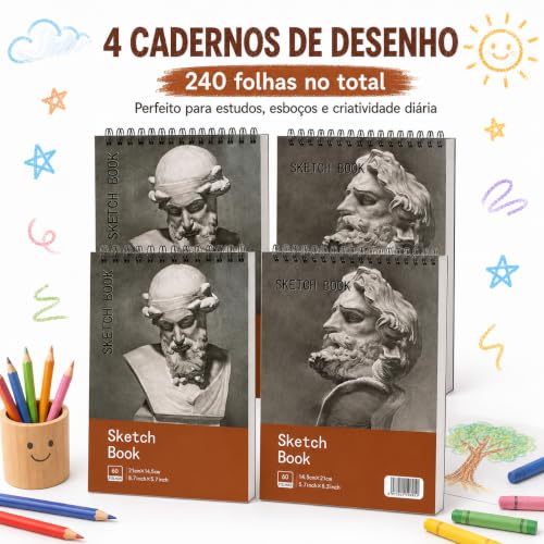 GODREAM Caderno de Desenho Profissional, Kit de 4 Sketchbook A5, Cada 60 Folhas Papel 100g/m², Bloco de Desenho com Espiral, Ideal para Desenho e Ilustração