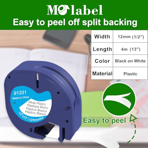 Molabel 5 Pack Compatible with Dymo LetraTag 91221 S0721610 91201 - Plastic Black on White 12mm x 4m - For LT-100H LT-110T Label Printers