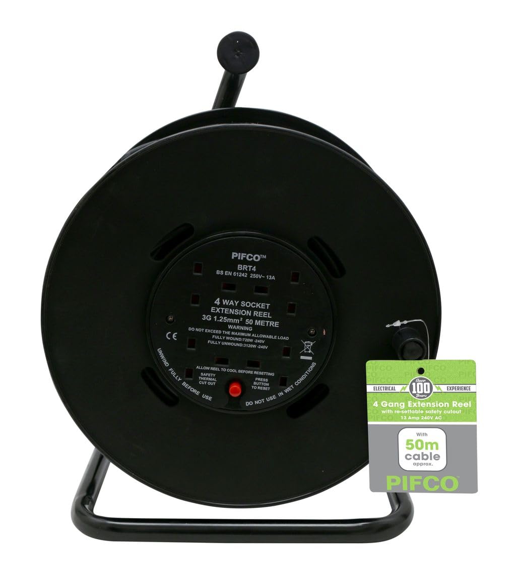 Daewoo Extension Reel, 4 Way Socket with 50 Metre Cable, Heavy Duty with Resettable Safety Cut Out, Open Frame, Black and Green