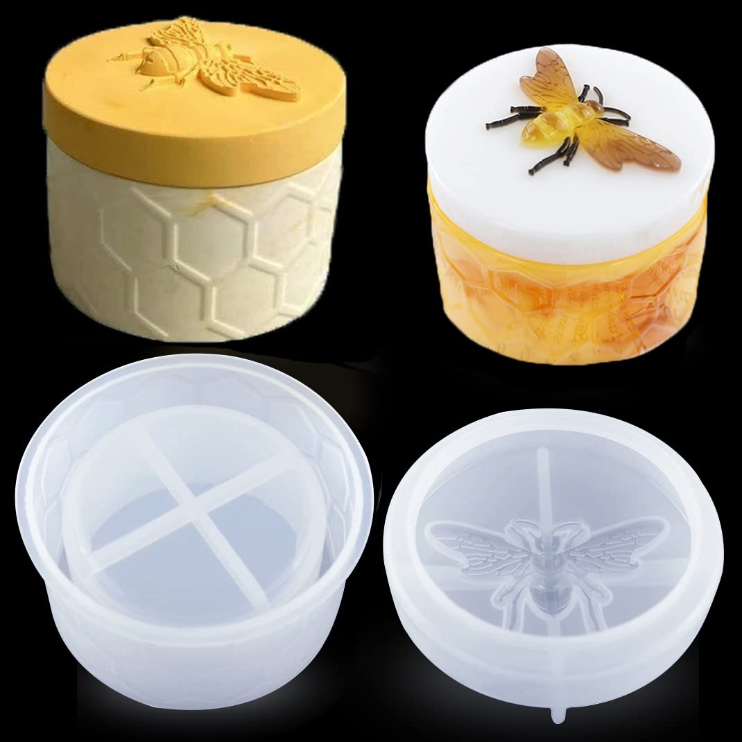 DIYBravo Jar Resin Mould with Lid Bee Honey Jar Silicone Mould Candy Jewelry Trinket Box Epoxy Resin Casting Mould for DIY Storage Box Candle Holder (Bee Honey Jar)