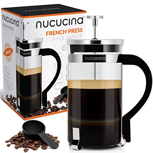 Click Here to See More Images Nucucina French Press 34oz Premium Coffee and Tea Maker - New 1Liter Carafe With Measuring Level - Best Coffee Press For Home Or Office - Unique Double Mesh Filtration - Bonus Spoon And 2 More Filters