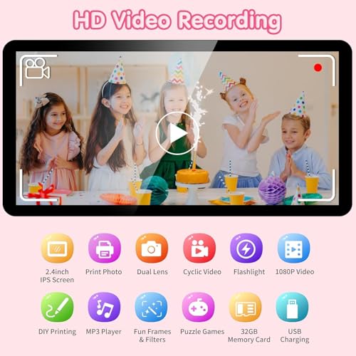 ASTGMI Children's Instant Camera, 2.4 Inch 1080P Children's Selfie Camera with Printing Paper and 32GB Card, Toy Christmas Gift Boy and Girl 3 4 5 6 7 8 Years (Pink)