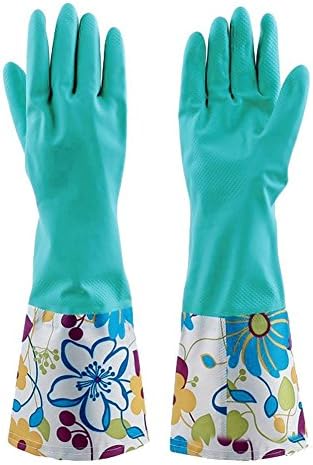 Floral Print Waterproof Rubber Gloves Kitchen Gloves Household Gloves Washing Up Gloves Dishwashing Cleaning Gloves for Women Blue